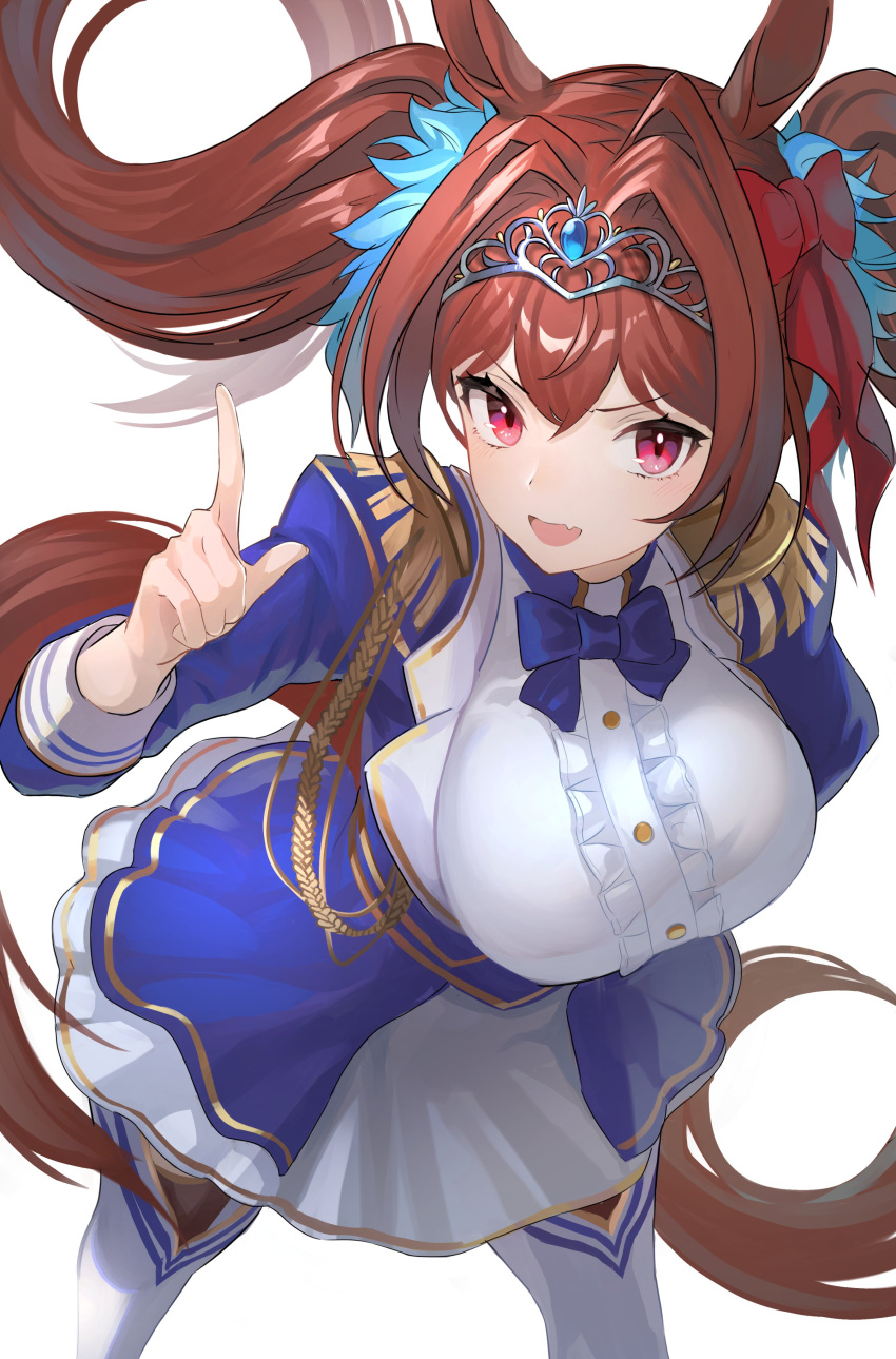 1girl absurdres animal_ears asagon007 bangs blue_dress blue_neckwear bow breasts brown_hair commentary_request daiwa_scarlet_(umamusume) dress epaulettes eyebrows_visible_through_hair fang hair_bow hair_intakes hand_up highres horse_ears horse_girl horse_tail large_breasts leaning_forward long_hair long_sleeves multicolored multicolored_clothes multicolored_dress neckwear pink_eyes pointing pointing_up shiny shiny_hair sidelocks simple_background skin_fang solo tail tiara twintails umamusume very_long_hair white_background white_dress white_legwear