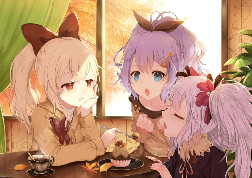 3girls alternate_costume ayanami_(azur_lane) azur_lane beige_cardigan black_bow blonde_hair blue_eyes bow cardigan casual coffee cupcake eyebrows_visible_through_hair feeding food hair_between_eyes hair_bow hand_on_own_cheek hand_on_own_face high_ponytail indoors javelin_(azur_lane) laffey_(azur_lane) light_purple_hair long_hair multiple_girls naru_(kts5584) open_mouth plant potted_plant purple_hair red_bow red_eyes round_table shirt sweets twintails white_shirt