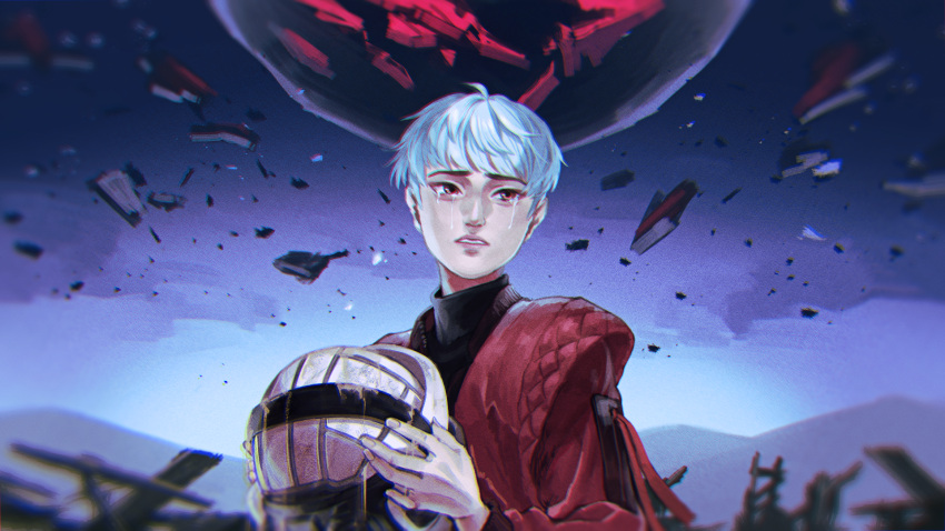 1girl apex_legends asian black_sweater bossan_3310 brown_eyes crying crying_with_eyes_open helmet highres holding holding_helmet jacket looking_to_the_side planet red_jacket science_fiction silver_hair solo space sweater tears valkyrie_(apex_legends)