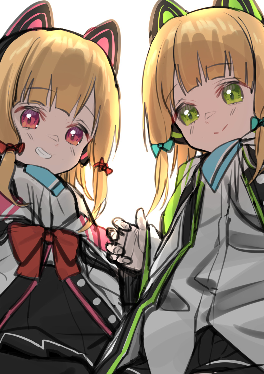 2girls absurdres animal_ears bangs black_shorts black_skirt blonde_hair blue_archive blue_bow bow closed_mouth eyebrows_visible_through_hair fake_animal_ears green_eyes grin hair_bow highres jacket midori_(blue_archive) momoi_(blue_archive) multiple_girls open_clothes open_jacket pleated_skirt red_bow red_eyes shirt short_shorts shorts sidelocks simple_background sketch skirt smile syhan twintails virtual_youtuber white_background white_jacket white_shirt