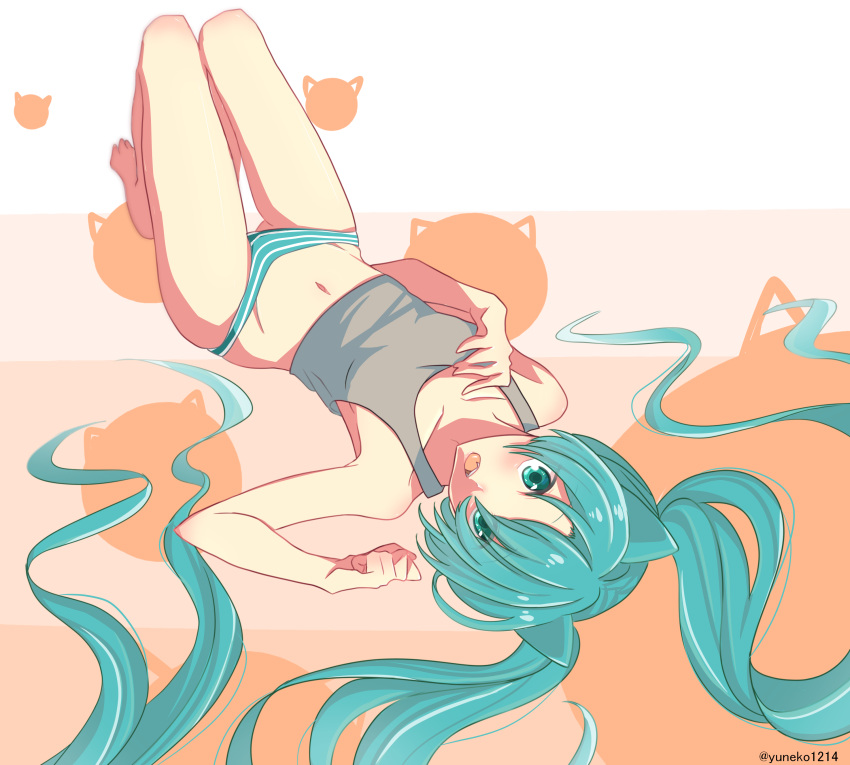 1girl absurdres animal_ears aqua_eyes aqua_hair barefoot cat_ears collarbone commentary from_above full_body grey_tank_top hatsune_miku highres knees_up long_hair looking_at_viewer lying on_back open_mouth panties solo striped striped_panties tank_top twintails twitter_username underwear very_long_hair vocaloid yuneko1214