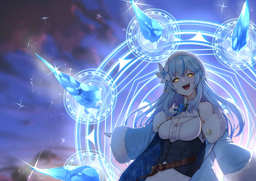 1girl belt beret blue_hair blue_neckwear bow bowtie coat evil_smile flower fur-trimmed_coat fur_trim glowing glowing_eyes hair_flower hair_ornament hat highres hololive ice long_hair long_sleeves magic magic_circle mikan_(chipstar182) pointy_ears smile solo upper_body virtual_youtuber yellow_eyes yukihana_lamy