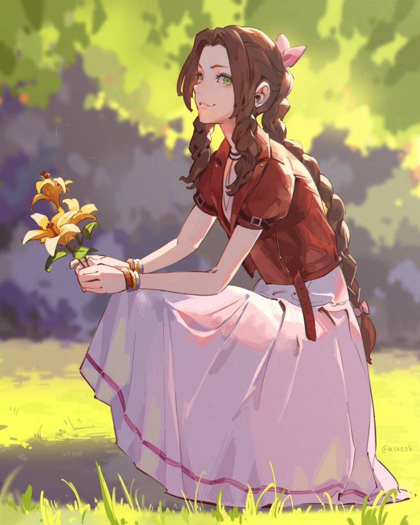 1girl aerith_gainsborough arm_support bangs belt blurry blurry_background bow bracelet braid braided_ponytail breasts brown_hair cropped_jacket dress drill_hair final_fantasy final_fantasy_vii flower full_body grass green_eyes hair_bow highres holding holding_flower jacket jewelry jiro_(ninetysix) leaning_forward lily_(flower) long_dress looking_at_viewer looking_to_the_side necklace pink_bow pink_dress red_jacket short_sleeves side_drill sidelocks signature smile solo squatting tri_drills