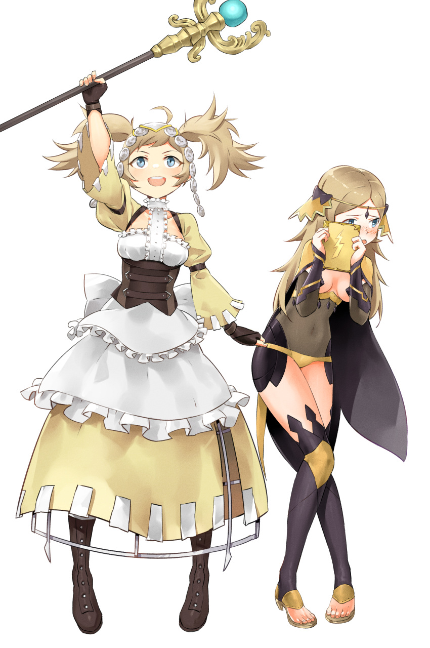 2girls absurdres bangs blonde_hair commission commissioner_upload cosplay costume_switch fingerless_gloves fire_emblem fire_emblem_awakening fire_emblem_fates fire_emblem_heroes gloves grey_eyes hairband highres holding holding_staff holding_weapon igni_tion lissa_(fire_emblem) lissa_(fire_emblem)_(cosplay) long_hair multiple_girls open_mouth ophelia_(fire_emblem) ophelia_(fire_emblem)_(cosplay) staff twintails weapon