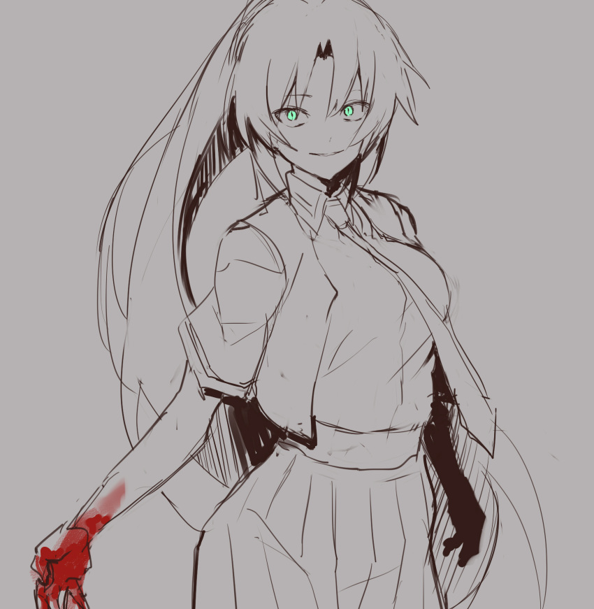 1girl aqua_eyes blood bloody_hands breasts closed_mouth eyebrows_visible_through_hair feet_out_of_frame ff_frbb122 highres higurashi_no_naku_koro_ni jacket long_hair looking_at_viewer medium_breasts monochrome necktie open_clothes open_jacket ponytail shirt skirt smile solo sonozaki_mion standing