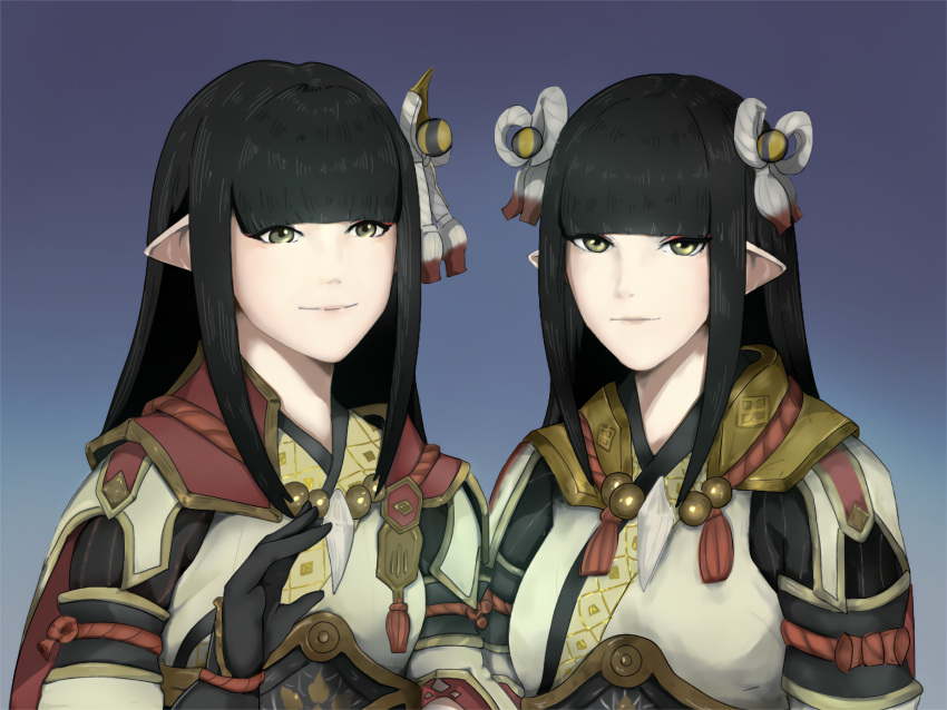 2girls black_hair hinoa long_hair minoto monster_hunter monster_hunter_rise pointy_ears siblings trym twins