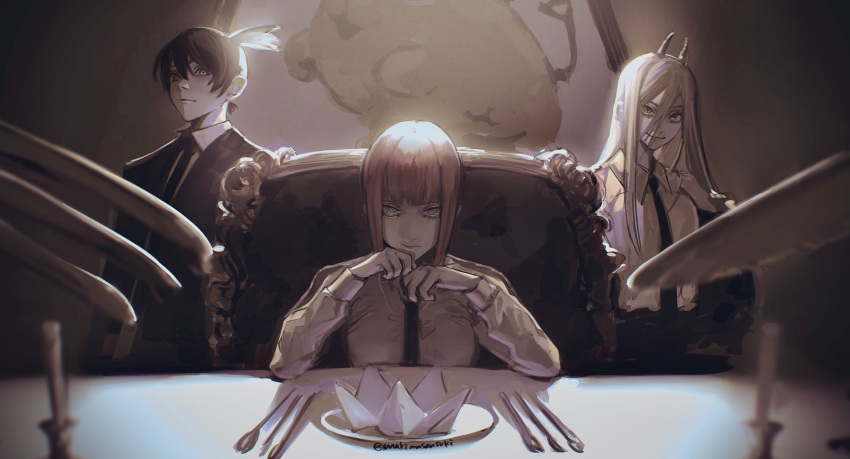 +_+ 1boy 2girls blurry breasts candle candlestand chainsaw_man collared_shirt commentary demon_horns depth_of_field dress_shirt eyelashes folded_napkin fork formal greyscale hair_between_eyes hayakawa_aki_(chainsaw_man) highres horns jacket knife light long_hair long_sleeves looking_at_viewer makima_(chainsaw_man) makimasansuki medium_breasts monochrome multiple_girls necktie off_shoulder open_clothes open_jacket painting_(object) partially_colored plate pochita_(chainsaw_man) power_(chainsaw_man) red_eyes ringed_eyes shirt short_hair sitting smile spoon standing suit topknot twitter_username upper_body