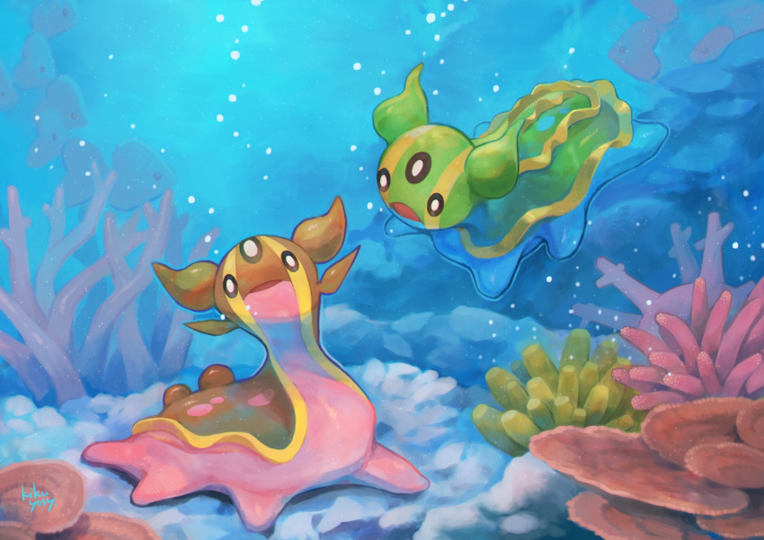 0_0 air_bubble bubble commentary_request coral corsola gastrodon gastrodon_(east) gastrodon_(west) gen_2_pokemon gen_3_pokemon gen_4_pokemon highres kikuyoshi_(tracco) looking_at_viewer luvdisc no_humans open_mouth pokemon pokemon_(creature) signature swimming underwater