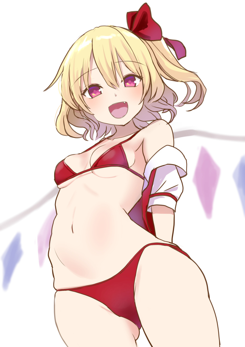 1girl :d absurdres amisu arms_behind_back bare_shoulders bikini blonde_hair cowboy_shot fang flandre_scarlet hair_ribbon highres looking_at_viewer navel open_mouth red_bikini red_eyes red_ribbon ribbon simple_background smile solo stomach swimsuit touhou white_background wings