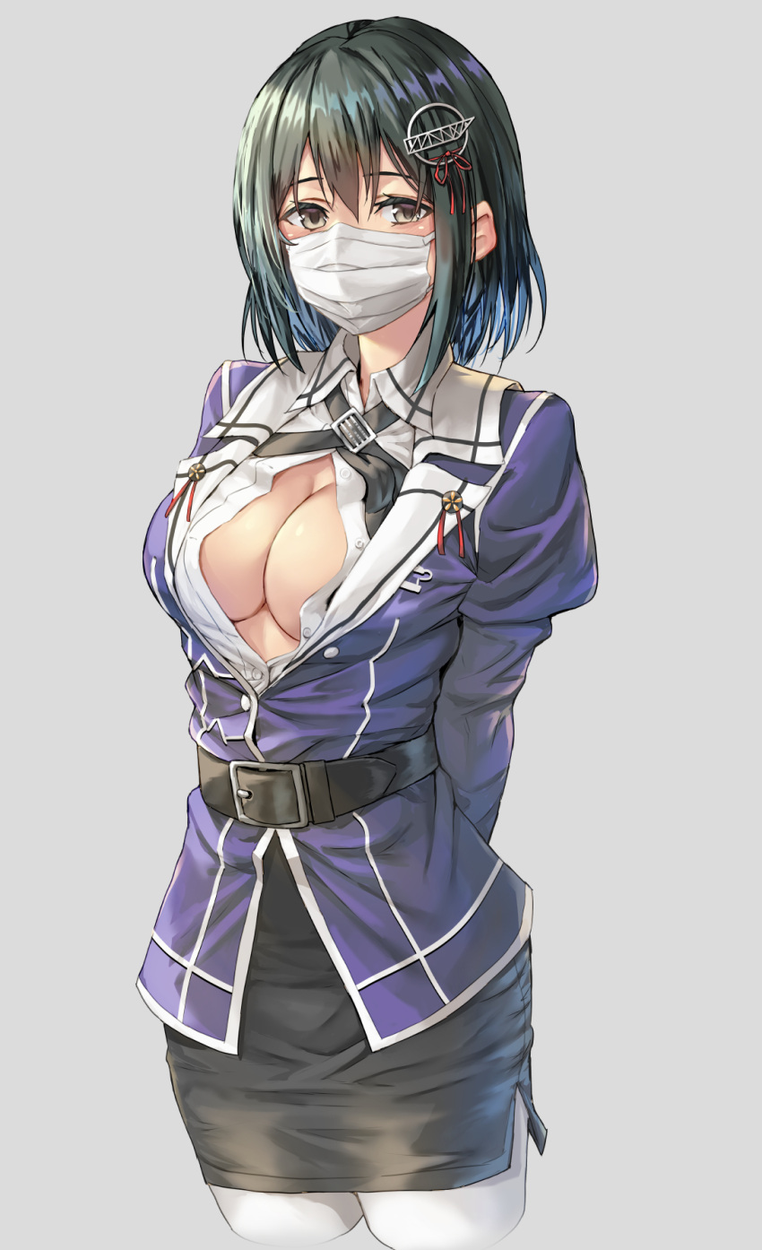 1girl belt belt_buckle black_belt black_hair black_skirt breasts brown_eyes buckle buttons collared_shirt cropped_legs grey_background haguro_(kancolle) highres jacket juliet_sleeves kantai_collection kokuzou large_breasts long_sleeves mask military military_uniform mouth_mask pantyhose pencil_skirt puffy_sleeves purple_jacket shirt short_hair simple_background skirt solo uniform white_legwear white_shirt