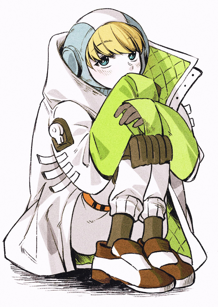 1girl apex_legends black_gloves blonde_hair blue_eyes blue_headwear bodysuit borrowed_garments brown_footwear eyebrows_visible_through_hair gloves green_sleeves highres hood jacket looking_at_viewer mozuwaka open_hands sitting solo wattson_(apex_legends) white_background white_bodysuit white_jacket