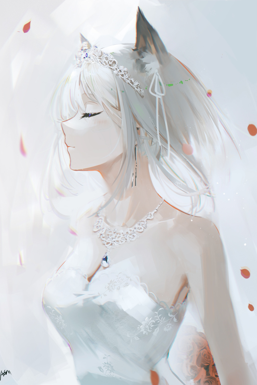1girl absurdres alternate_costume animal_ears arknights bare_shoulders breasts bride cat_ears closed_eyes closed_mouth commentary_request dress earrings eyelashes highres jewelry kal'tsit_(arknights) necklace omone_hokoma_agm petals profile short_hair signature silver_hair sleeveless sleeveless_dress solo tiara upper_body wedding_dress