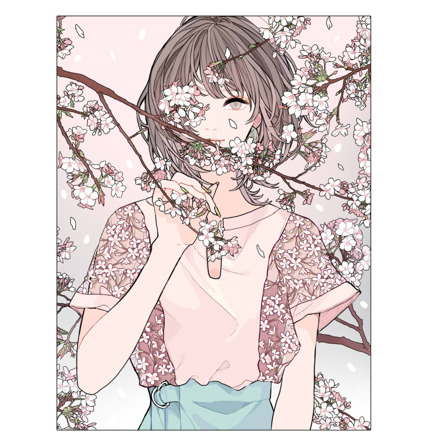 1girl blouse blue_skirt brown_hair cherry_blossoms floral_print framed gradient gradient_background grey_eyes hand_up highres kko_(um7mr) looking_at_viewer original petals pink_blouse short_hair skirt solo tree_branch upper_body white_background