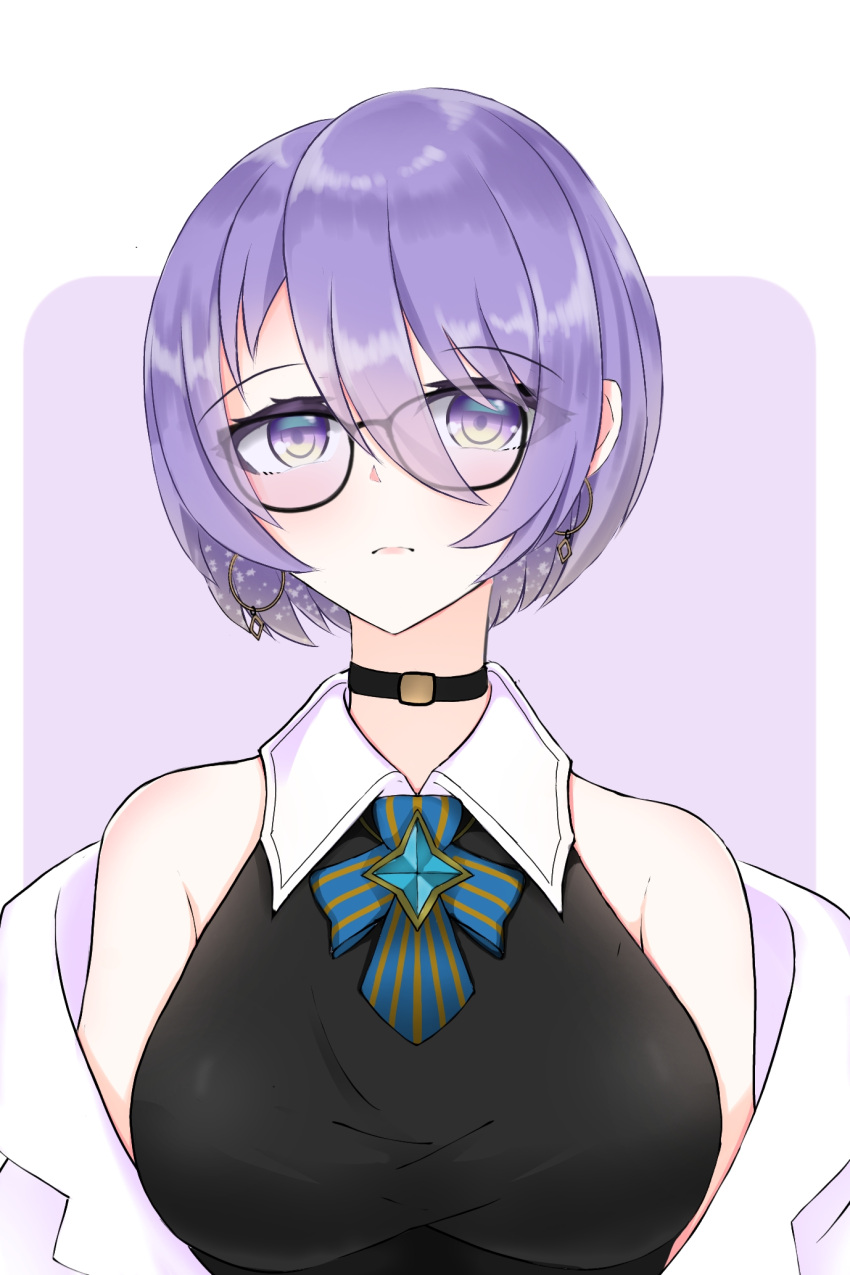 1girl alternate_hair_length alternate_hairstyle bespectacled black_choker blush breasts choker glasses head_tilt highres hololive hololive_indonesia jacket large_breasts looking_at_viewer lynn121 moona_hoshinova off_shoulder short_hair solo upper_body violet_eyes virtual_youtuber white_jacket