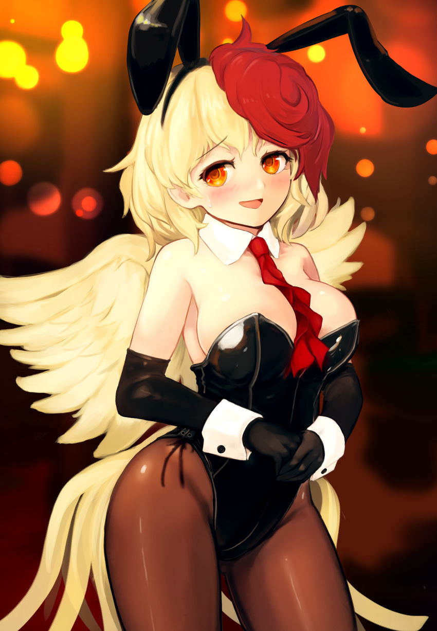 1girl alternate_costume animal_ears bangs between_breasts bird bird_tail bird_wings black_hairband black_leotard blonde_hair blush breasts brown_legwear commentary_request cowboy_shot detached_collar eyebrows_visible_through_hair fake_animal_ears feathered_wings hairband highres large_breasts leotard looking_at_viewer multicolored_hair nama_shirasu necktie necktie_between_breasts niwatari_kutaka open_mouth orange_eyes pantyhose playboy_bunny rabbit_ears red_neckwear redhead short_hair solo strapless strapless_leotard touhou two-tone_hair wing_collar wings wrist_cuffs