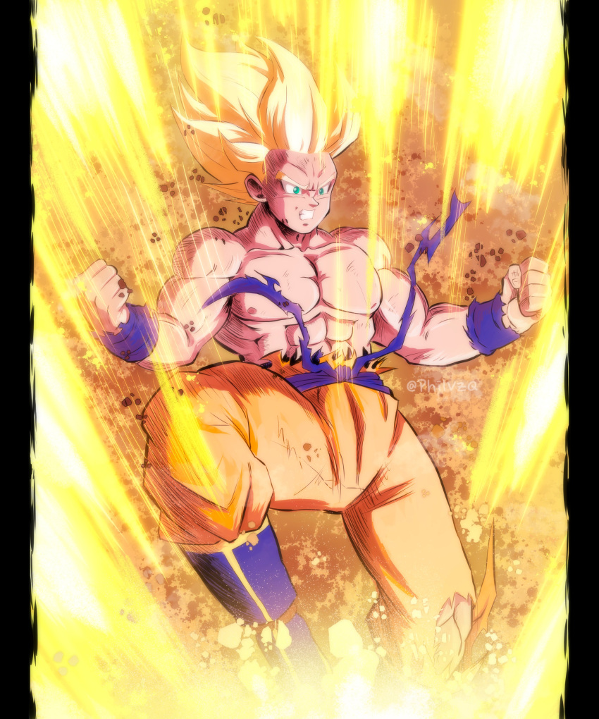 1boy abs absurdres aqua_eyes artist_name aura blonde_hair blue_footwear boots clenched_hands clenched_teeth commentary debris dragon_ball dragon_ball_z feet_out_of_frame highres large_pectorals male_focus muscular muscular_male nipples orange_pants pants pectorals phil_vzq sash shirtless solo son_goku spiky_hair super_saiyan teeth torn_clothes torn_pants wristband