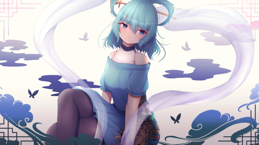 1girl :o bangs bare_shoulders blue_dress blue_eyes blue_hair breasts bug butterfly clouds commentary_request covered_navel crossed_legs darumoon dress eyebrows_visible_through_hair feet_out_of_frame flower hagoromo hair_between_eyes hair_ornament hair_rings hair_stick highres insect kaku_seiga large_breasts looking_at_viewer looking_to_the_side off_shoulder pantyhose puffy_short_sleeves puffy_sleeves shawl short_hair short_sleeves simple_background sitting solo touhou white_flower