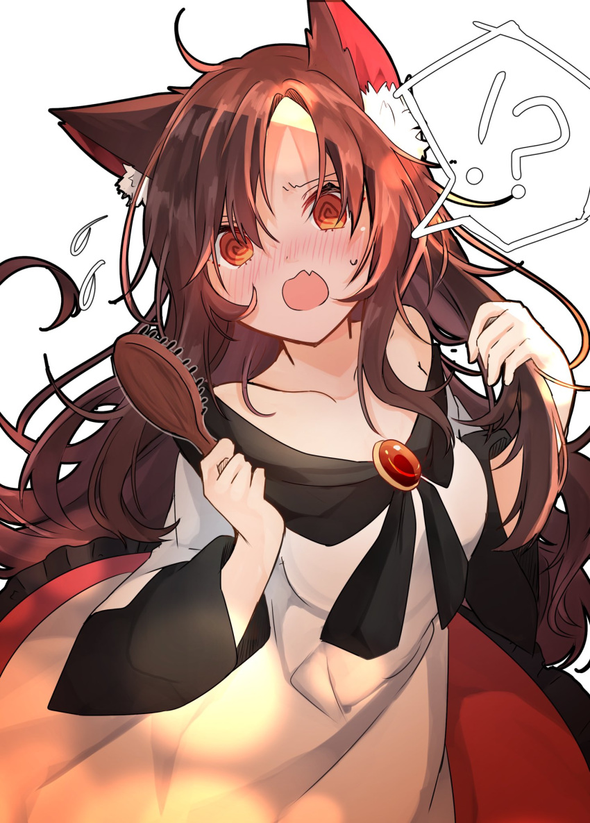 !? 1girl @_@ ahoge animal_ear_fluff animal_ears blush brooch brown_hair commentary_request dress fang hair_brush highres holding holding_brush holding_hair imaizumi_kagerou jewelry long_hair long_sleeves open_mouth red_eyes sabatuki simple_background skin_fang solo spoken_interrobang sweat touhou white_background white_dress wide_sleeves wolf_ears