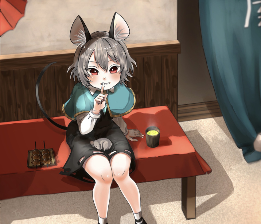 1girl absurdres animal_ear_fluff animal_ears arm_support bangs bench black_dress blue_capelet blush bright_pupils capelet cup curtains dango dress drink eyebrows_visible_through_hair feet_out_of_frame finger_to_mouth food from_above gold_trim grey_hair grin hand_up highres indoors knees_together_feet_apart looking_at_viewer mouse mouse_ears mouse_tail nazrin red_eyes shadow short_hair shushing sitting smile solo steam tail tatano_shito touhou wagashi wall white_pupils
