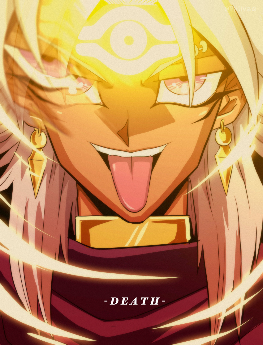 1boy absurdres commentary dark_skin dark_skinned_male earrings energy facial_mark forehead_mark glowing_markings highres jewelry long_hair looking_at_viewer male_focus open_mouth phil_vzq pink_eyes solo tongue tongue_out upper_body upper_teeth white_hair yami_marik yu-gi-oh! yu-gi-oh!_duel_monsters