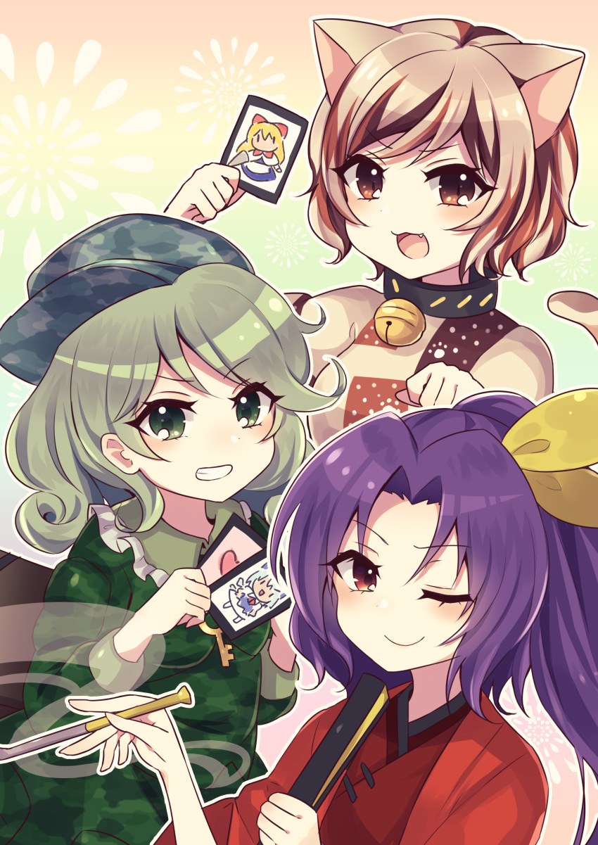 3girls :3 :d absurdres animal_ears bangs bell brown_eyes brown_hair camouflage camouflage_headwear camouflage_shirt card cat_ears cat_tail cirno clenched_hand closed_fan closed_mouth eyebrows_visible_through_hair fan fang flat_cap folding_fan goutokuji_mike gradient gradient_background green_eyes green_hair green_headwear green_shirt grin hair_ribbon hat highres holding holding_card holding_fan holding_pipe key kiseru komakusa_sannyo long_hair looking_at_viewer multicolored multicolored_background multicolored_hair multicolored_shirt multicolored_tail multiple_girls neck_bell one_eye_closed open_mouth orange_hair pipe ponytail purple_hair red_eyes ribbon shanghai_doll shirt short_hair short_sleeves smile streaked_hair subaru_(subachoco) tail touhou unconnected_marketeers upper_body v-shaped_eyebrows white_hair yamashiro_takane yellow_ribbon