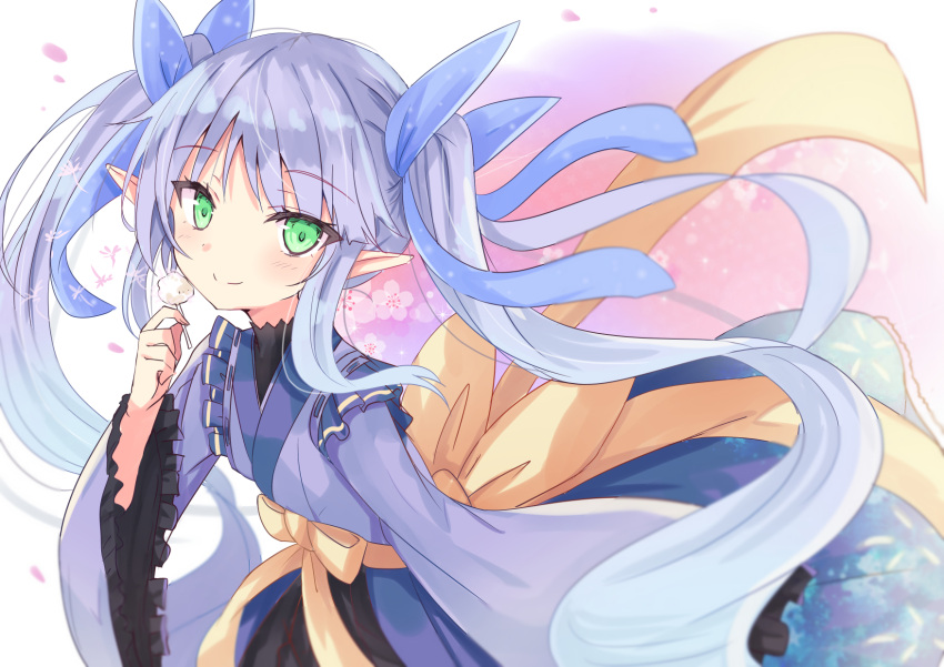 1girl blue_hair blue_kimono blue_ribbon blush closed_mouth commentary_request frilled_sleeves frills green_eyes hair_ribbon hand_up highres hizaka holding japanese_clothes kimono kyouka_(princess_connect!) long_hair long_sleeves pointy_ears princess_connect! princess_connect!_re:dive ribbon smile solo twintails very_long_hair wide_sleeves