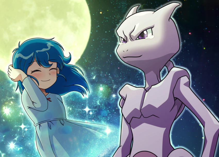 1girl akika_821 ambertwo_(pokemon) bangs blue_dress blue_hair blush closed_eyes closed_mouth commentary_request dress eyebrows_visible_through_hair eyelashes floating_hair gen_1_pokemon hand_up highres legendary_pokemon long_hair mewtwo moon outdoors pokemon pokemon_(anime) pokemon_(classic_anime) pokemon_(creature) pokemon_m01 red_ribbon ribbon sky smile sparkle star_(sky) tearing_up