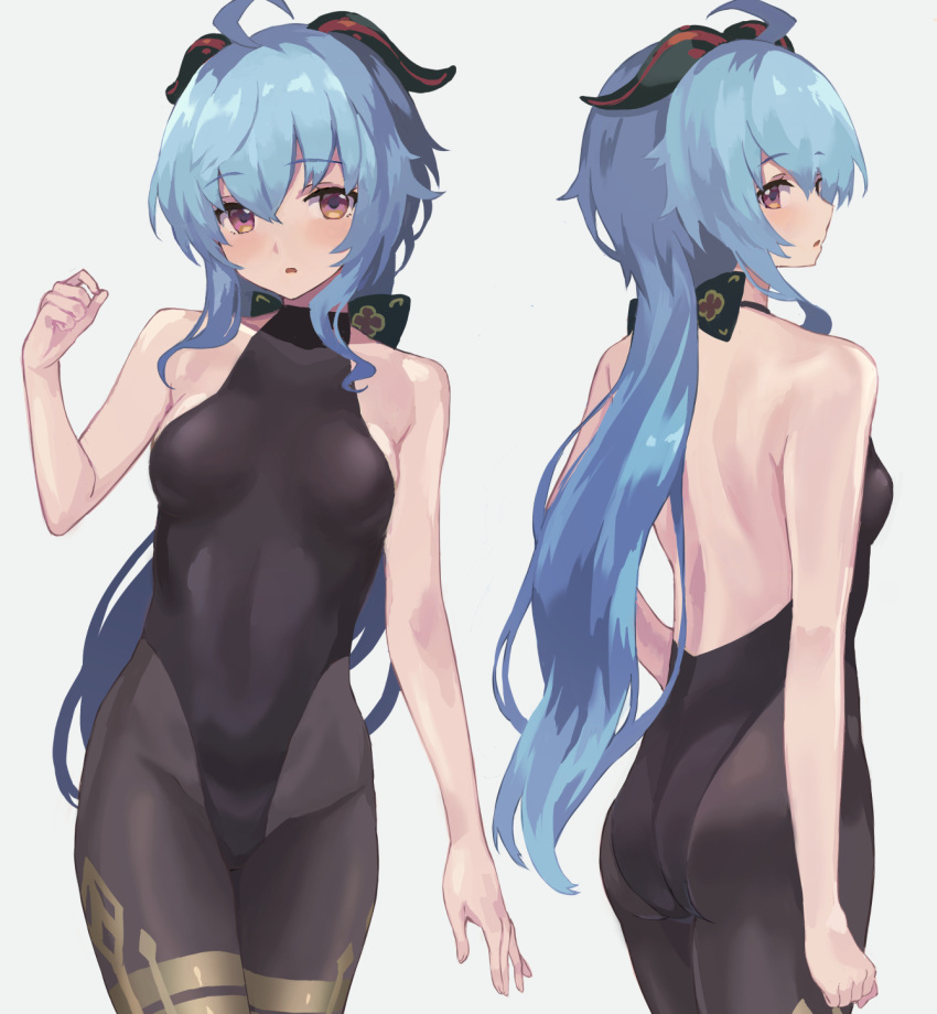 1girl ahoge bare_shoulders blue_hair bodysuit breasts commentary_request from_behind ganyu_(genshin_impact) genshin_impact goat_horns grey_background highres horns long_hair looking_at_viewer medium_breasts multiple_views rasahan simple_background sleeveless solo standing