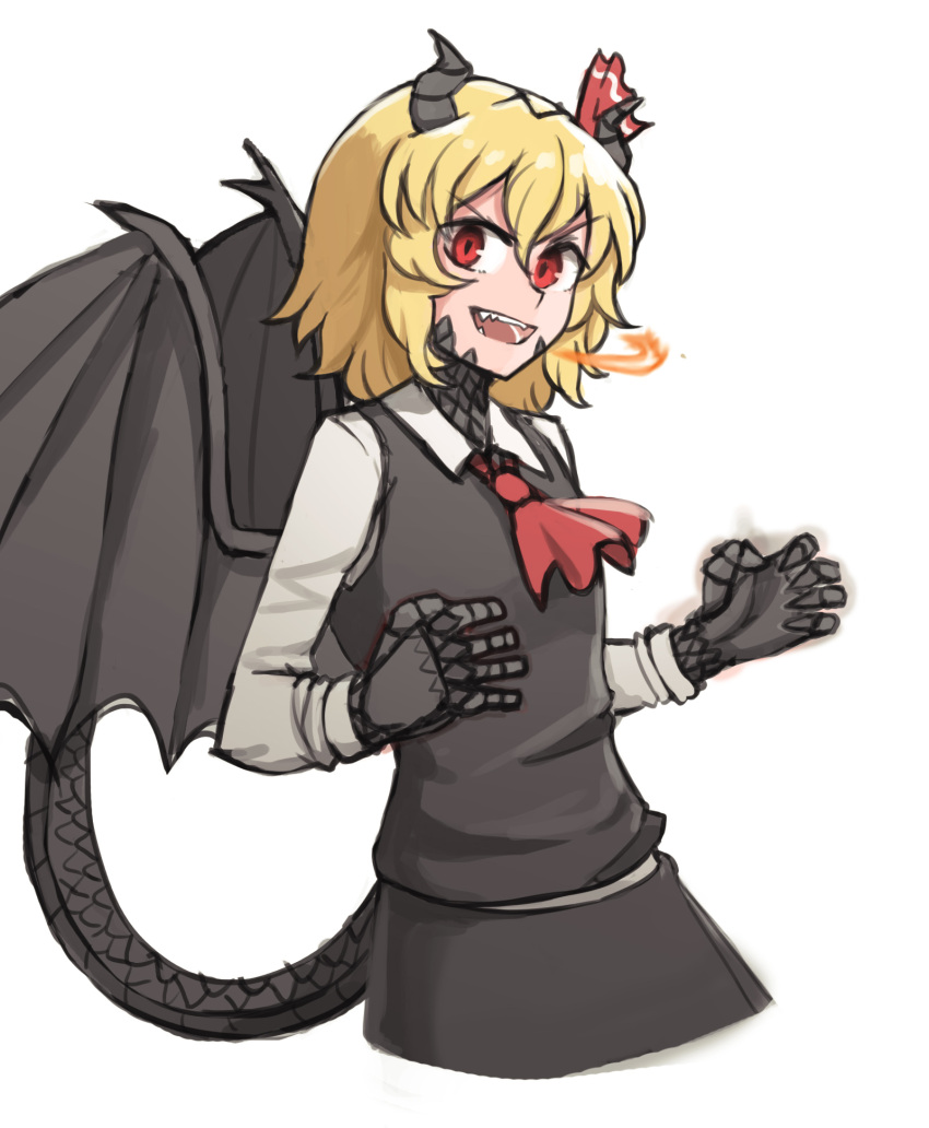1girl ascot black_skirt blonde_hair blouse bow bowtie breasts cravat darkness dragon_girl dragon_horns dragon_tail dragon_wings dress_shirt druma fangs floating hair_bow hair_ribbon highres horns long_sleeves looking_at_viewer mata_(matasoup) necktie outstretched_arms red_bow red_eyes red_neckwear red_ribbon ribbon rumia scales shirt short_hair skirt skirt_set small_breasts smile spread_arms tail touhou vest waving_arm white_blouse white_shirt wing_collar wings