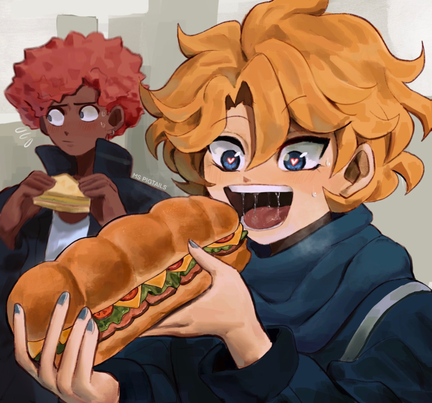 2boys artist_name blonde_hair blue_eyes blue_nails charley_(ms_pigtails) cheese dark_skin dark_skinned_male eyebrows_visible_through_hair food heart heart-shaped_pupils highres holding holding_food lettuce meat ms_pigtails multiple_boys open_mouth original pink_hair sandwich sergey_(ms_pigtails) short_hair symbol-shaped_pupils tomato upper_body