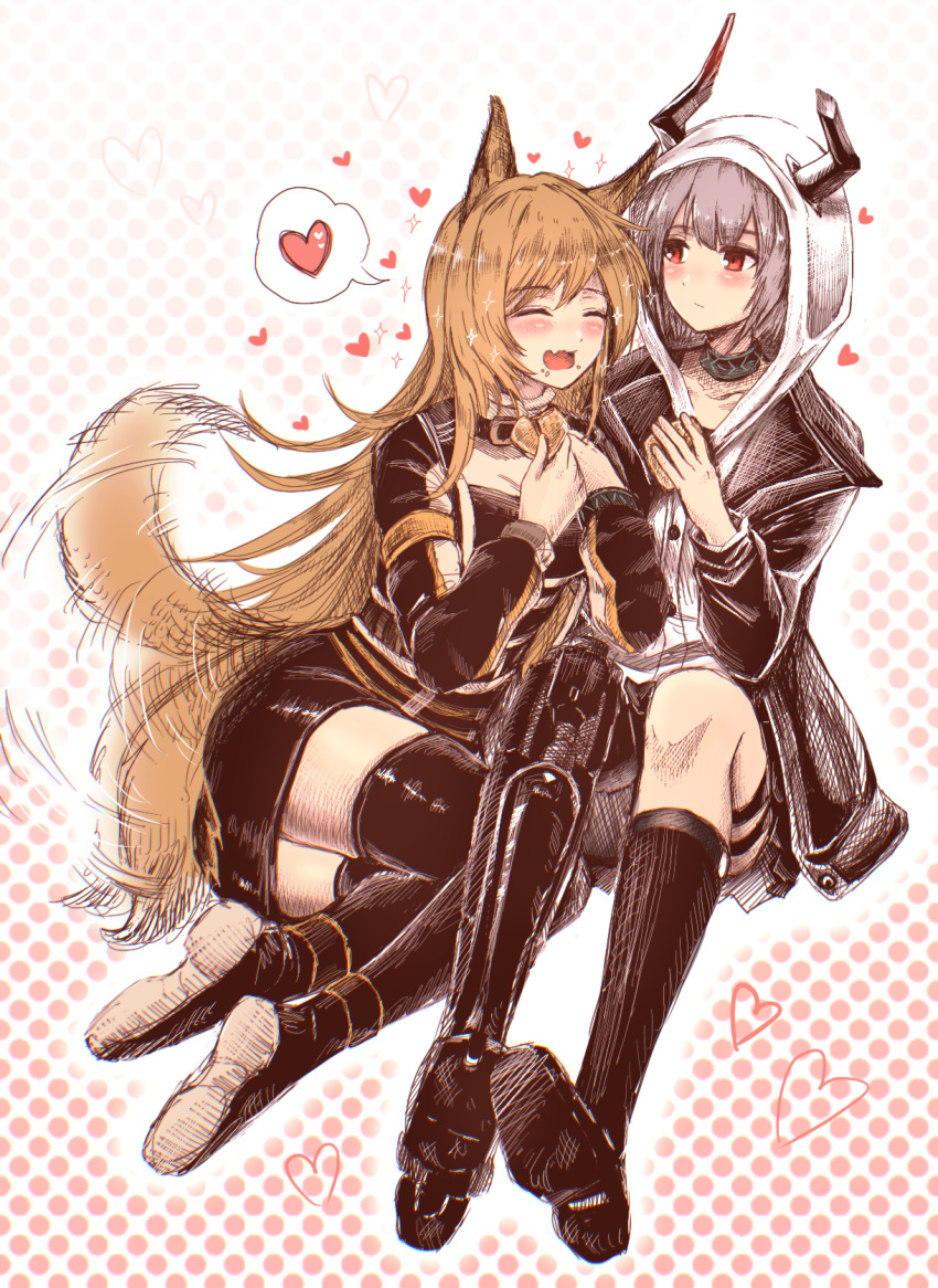 2girls 3_(sanyako1) animal_ears arknights black_legwear blush boots broken_horn brown_hair ceobe_(arknights) closed_eyes commentary_request cow_horns dog_ears dog_tail eating fang food grey_hair heart highres holding holding_food hood hood_up horns long_hair long_sleeves looking_at_another multiple_girls open_mouth prosthesis prosthetic_leg red_eyes short_hair smile sparkle spoken_heart tail tail_wagging thigh-highs thigh_boots vulcan_(arknights) yuri