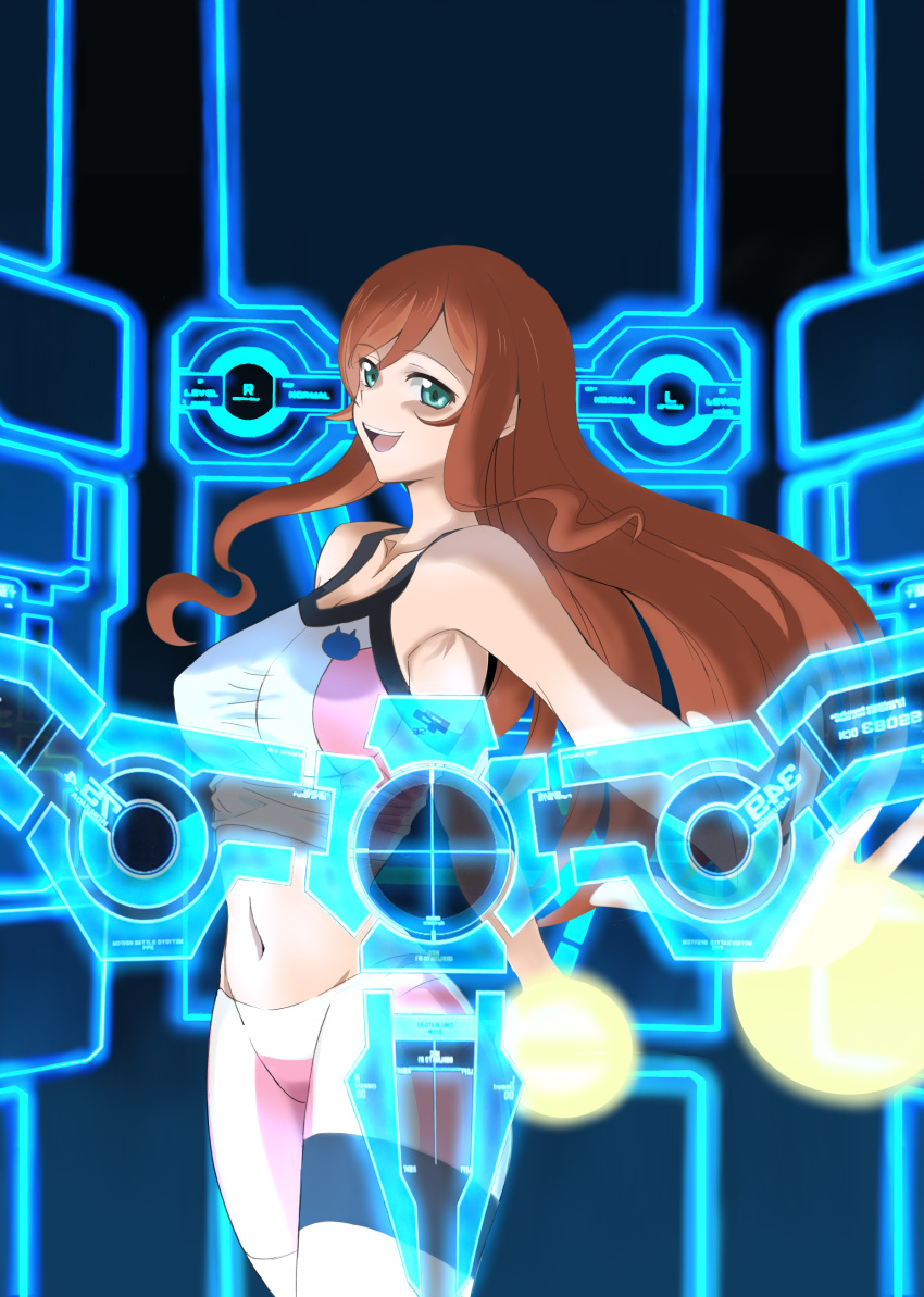 absurdres armpit_peek breasts brown_hair collarbone cosplay floating_hair green_eyes gundam gundam_build_fighters gundam_build_fighters_try highres holographic_monitor hoshino_fumina hoshino_fumina_(cosplay) kamiki_mirai kou_(spad7u59) long_hair looking_at_viewer medium_breasts navel open_hand open_mouth pink_shorts shorts smile sports_bra