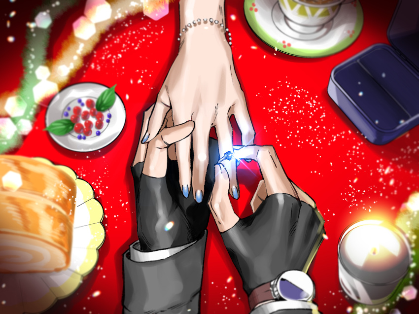 1boy 1girl apex_legends berry blue_nails bracelet bread close-up crypto_(apex_legends) fingerless_gloves food from_above gloves highres jewelry mozuwaka ring watch watch wattson_(apex_legends) wedding_ring