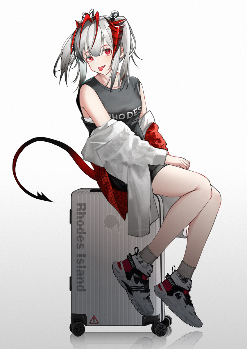1girl :p arknights bangs black_shirt breasts clothes_down commentary demon_girl demon_horns demon_tail full_body grey_legwear highres horns jacket long_sleeves looking_at_viewer luggage medium_breasts medium_hair multicolored_hair red_eyes redhead shirt shoes silver_hair sitting sleeveless sleeveless_shirt sneakers socks solo streaked_hair tail tongue tongue_out w_(arknights) white_background white_footwear white_jacket yuuki_mix