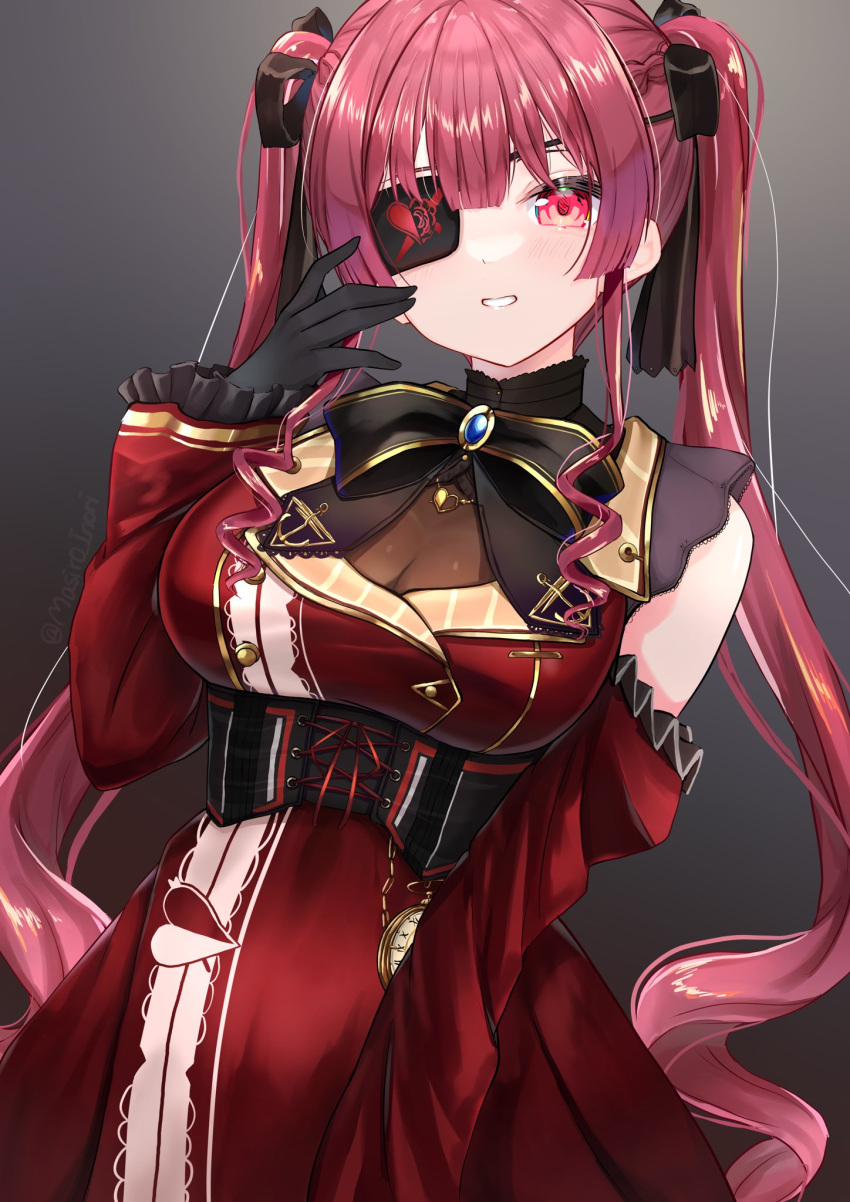 1girl bangs black_gloves black_ribbon breasts commentary_request dress eyepatch gloves gradient gradient_background grey_background hair_ribbon hand_up highres hololive houshou_marine large_breasts long_hair looking_at_viewer masiro_inori red_dress red_eyes redhead ribbon solo twintails very_long_hair virtual_youtuber