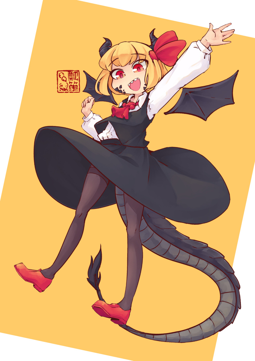 1girl ascot black_skirt blonde_hair blouse bow bowtie breasts cravat darkness dragon_girl dragon_horns dragon_tail dragon_wings dress_shirt druma fangs floating hair_bow hair_ribbon highres horns hyoutan_tan long_sleeves looking_at_viewer necktie outstretched_arms red_bow red_eyes red_footwear red_neckwear red_ribbon ribbon rumia scales shirt short_hair skirt skirt_set small_breasts smile socks spread_arms tail touhou vest waving_arm white_blouse white_shirt wing_collar wings