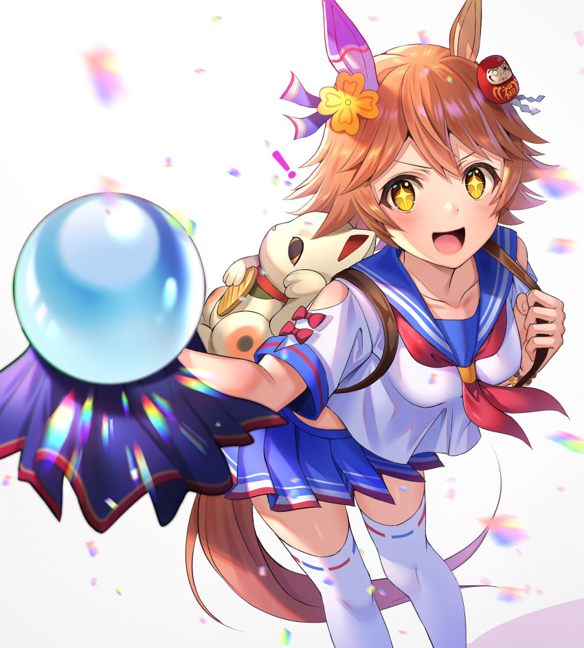 ! +_+ 1girl :d animal_bag animal_ears bangs blue_sailor_collar blue_skirt bow brown_hair clothing_cutout collarbone commentary_request confetti crystal_ball daruma_doll ear_covers hair_between_eyes hair_ornament highres holding holding_strap horse_ears horse_girl horse_tail leaning_forward looking_at_viewer maneki-neko matikanefukukitaru_(umamusume) miniskirt mizore_syrup motion_blur neckerchief open_mouth pleated_skirt red_bow red_neckwear sailor_collar school_uniform serafuku shiny shiny_hair short_hair short_sleeves shoulder_cutout sidelocks simple_background single_ear_cover skirt smile solo standing tail thigh-highs umamusume v-shaped_eyebrows white_background white_legwear yellow_eyes