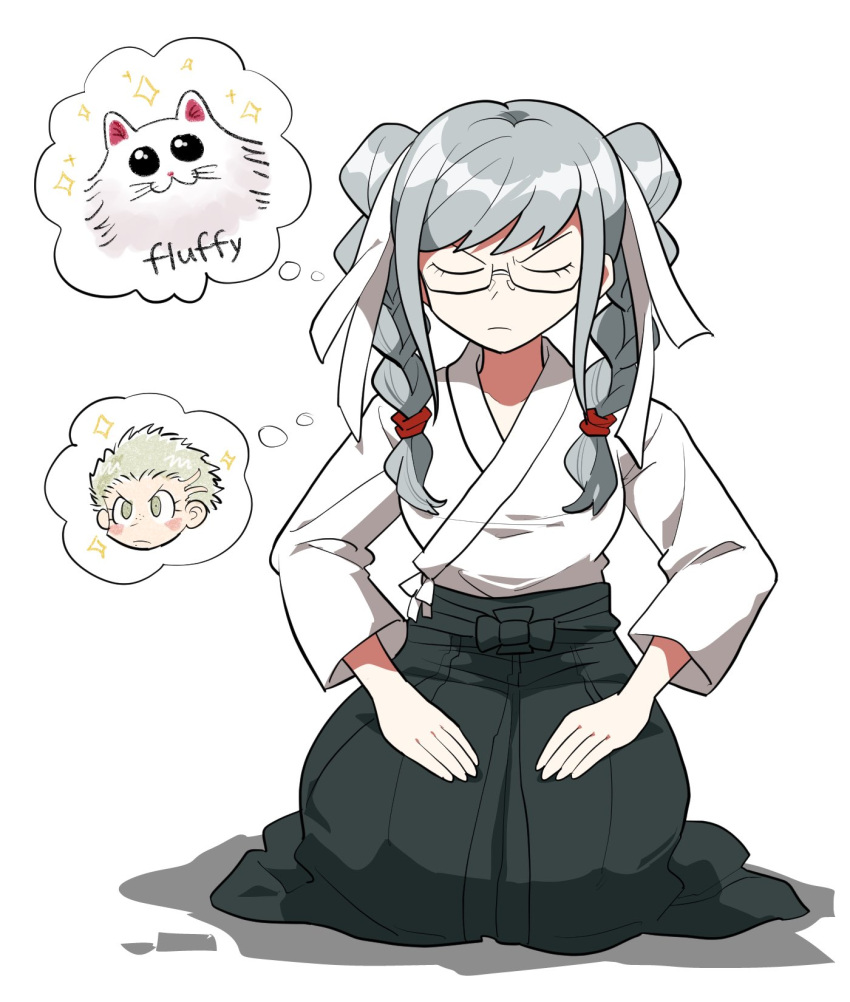 1girl animal bangs blonde_hair braid cat closed_mouth dangan_ronpa_(series) dangan_ronpa_2:_goodbye_despair fluffy frown furukawa_(yomawari) glasses grey_hair hair_ribbon hakama highres japanese_clothes kimono kuzuryuu_fuyuhiko long_hair pekoyama_peko ribbon school_uniform seiza semi-rimless_eyewear serafuku simple_background sitting sparkle thought_bubble twin_braids white_background white_kimono white_ribbon