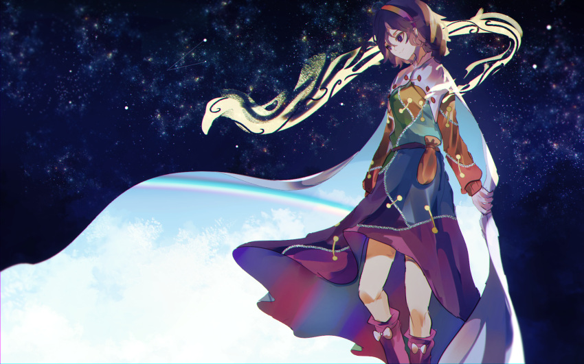 1girl bag boots breasts bright_pupils cape closed_mouth constellation dress feet_out_of_frame hair_between_eyes highres looking_ahead looking_down medium_breasts multicolored multicolored_clothes multicolored_dress naufaldreamer purple_hair rainbow short_hair sky smile solo star_(sky) starry_sky tenkyuu_chimata touhou violet_eyes white_cape
