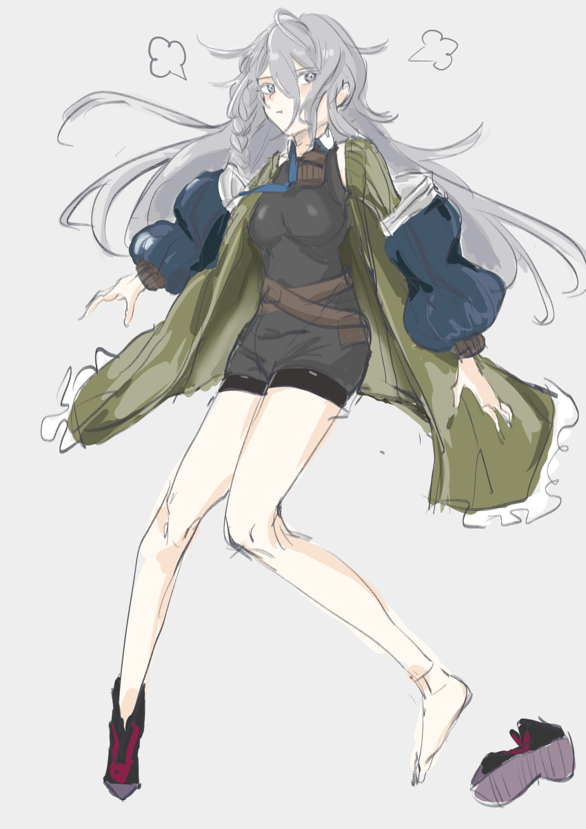 1girl absurdres black_footwear black_shirt blue_neckwear blush braid breasts closed_mouth eyebrows_visible_through_hair fish_dumplings girls_frontline green_jacket grey_background grey_eyes grey_hair highres jacket long_hair looking_away medium_breasts necktie open_clothes open_jacket shirt shoes single_shoe solo xm8_(girls_frontline)