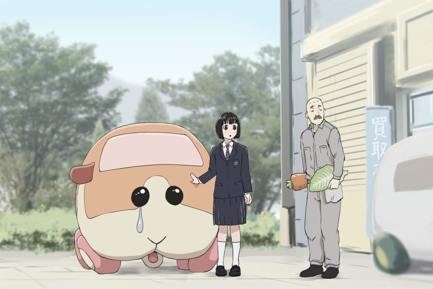 1boy 1girl bald black_hair blurry blurry_background cabbage carrot commentary crossover facial_hair highres kneehighs koguma_(super_cub) molcar mustache necktie old old_man outdoors parody pui_pui_molcar school_uniform short_hair super_cub tears ueyama_michirou white_legwear