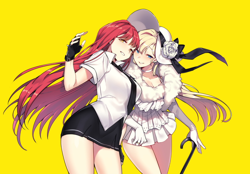 2girls black_gloves black_neckwear blonde_hair blue_eyes blush breasts cane dress elbow_gloves fingerless_gloves flower gloves hat highres holding holding_cane jewelry large_breasts long_hair looking_at_viewer maplestory mendou_kusai multiple_girls necktie redhead ring shirt short_sleeves skirt smile thighs uniform white_gloves white_headwear yellow_eyes