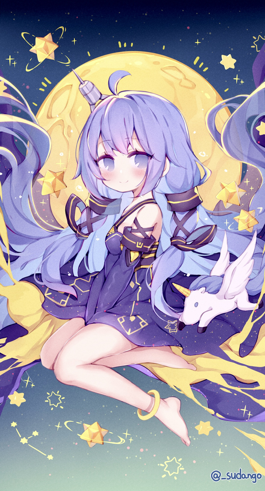 1girl anklet azur_lane bangs bare_legs barefoot black_dress blue_eyes blue_hair commentary_request cosplay detached_sleeves dress eyebrows_visible_through_hair from_side full_moon hair_tubes highres jewelry long_hair looking_at_viewer looking_to_the_side low_twintails moon night night_sky sidelocks sky smile solo star_(sky) starry_sky stuffed_animal stuffed_toy stuffed_winged_unicorn sudango twintails unicorn_(azur_lane) unicorn_(little_star_songstress)_(azur_lane) v_arms vocaloid xingchen xingchen_(cosplay)