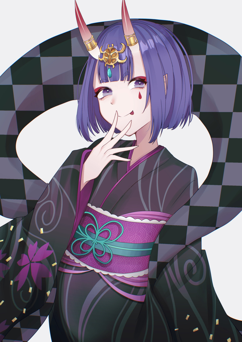 1girl absurdres black_kimono bob_cut eyeliner facial_mark fate/grand_order fate_(series) headpiece highres horn_ornament horn_ring horns japanese_clothes kimono licking_lips lostroom_outfit_(fate) makeup obi oni oni_horns purple_hair sash short_hair shuten_douji_(fate) skin-covered_horns solo teardrop tongue tongue_out user_cpuf8237 violet_eyes wide_sleeves