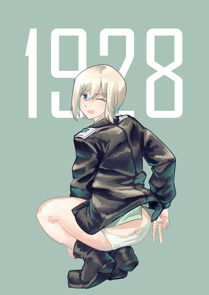 1girl absurdres bare_legs blonde_hair blue_eyes boots erica_hartmann eyebrows_visible_through_hair highres looking_at_viewer looking_back military military_uniform no_pants one_eye_closed panties pondo_(peng-model) short_hair simple_background solo squatting strike_witches underwear uniform v white_panties world_witches_series