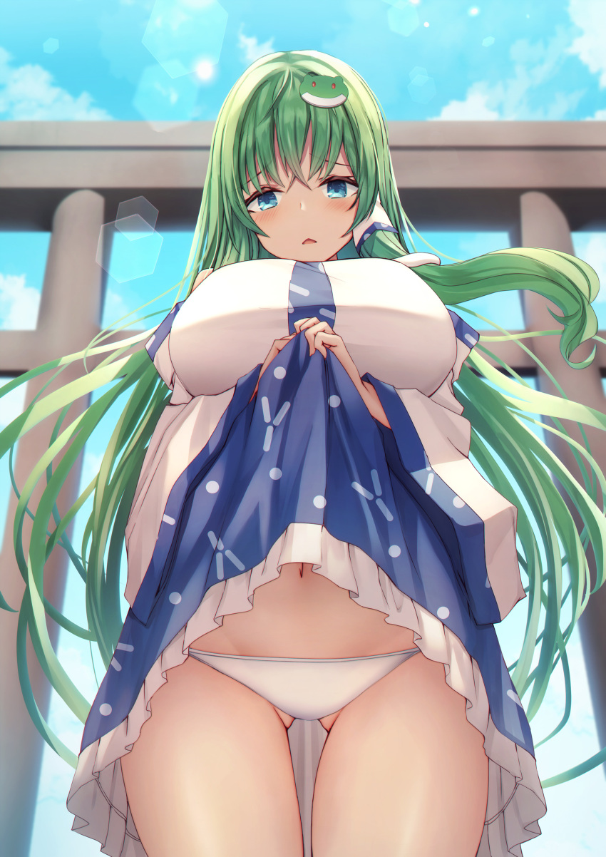 1girl absurdres aqueduct ass_visible_through_thighs bangs bare_shoulders blue_eyes blue_skirt blurry blurry_background blush breasts clouds cloudy_sky commentary_request cowboy_shot day detached_sleeves eyebrows_visible_through_hair floating_hair from_below furrowed_eyebrows green_hair hair_ornament hair_tubes highres huge_breasts kochiya_sanae lens_flare lifted_by_self liya long_hair looking_at_viewer navel outdoors panties parted_lips petticoat pillar shirt skirt skirt_lift sky snake_hair_ornament solo sunlight touhou triangle_mouth underwear very_long_hair white_panties white_shirt wide_sleeves