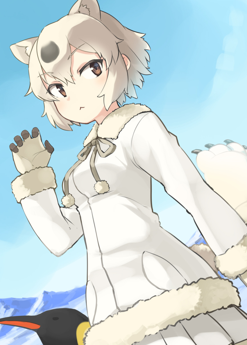 1girl animal_ears bauble bear_ears bear_girl bear_paw_hammer bear_tail bird black_gloves black_hair bow bowtie claw_pose coat commentary_request cowboy_shot emperor_penguin extra_ears eyebrows_visible_through_hair fur_collar fur_trim gloves highres kemono_friends long_coat multicolored_hair penguin pleated_skirt polar_bear_(kemono_friends) short_hair skirt solo tail two-tone_gloves two-tone_hair white_coat white_fur white_gloves white_hair white_neckwear white_skirt winter_clothes winter_coat y48179786