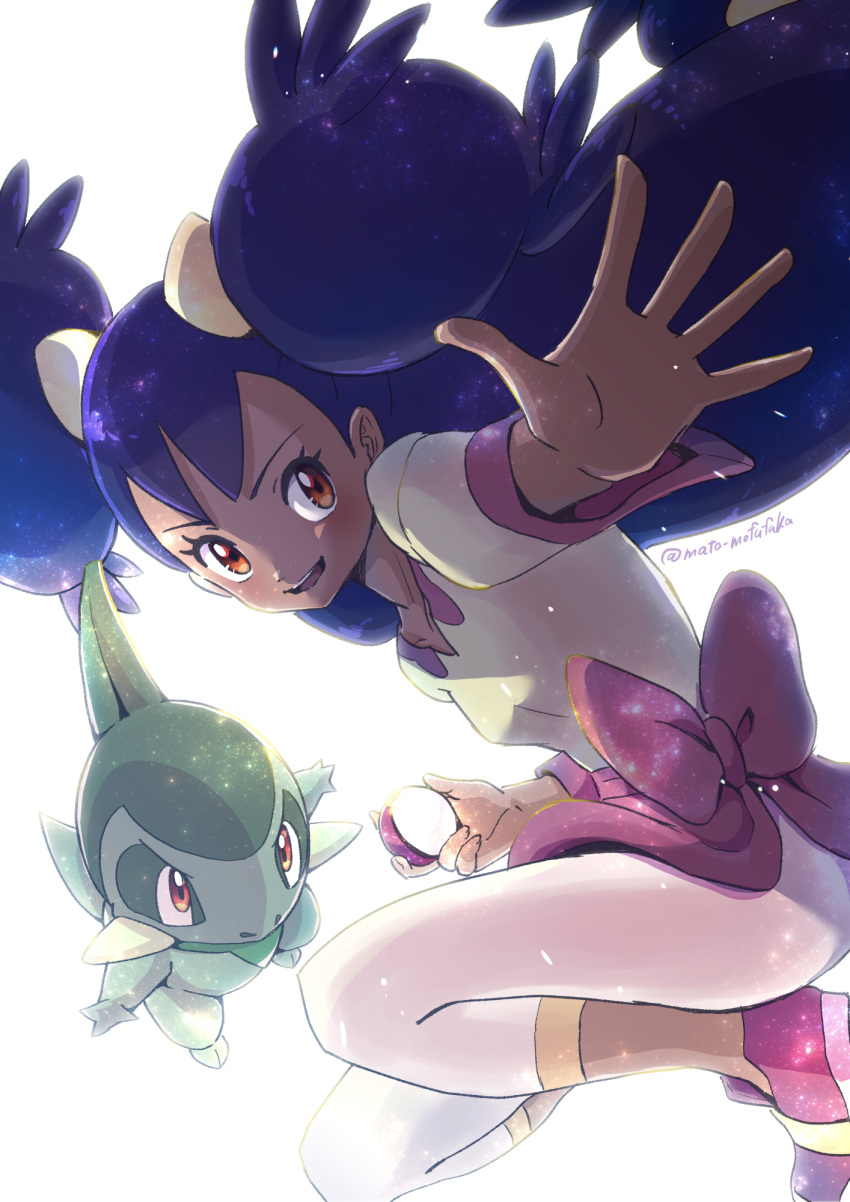 1girl axew big_hair blush bow breasts brown_eyes commentary dark_skin dark-skinned_female eyelashes floating_hair gen_5_pokemon gym_leader highres holding holding_poke_ball iris_(pokemon) long_hair looking_back mato. open_mouth poke_ball poke_ball_(basic) pokemon pokemon_(creature) pokemon_(game) pokemon_bw purple_footwear purple_hair shoes smile spread_fingers tongue two_side_up upper_teeth very_long_hair