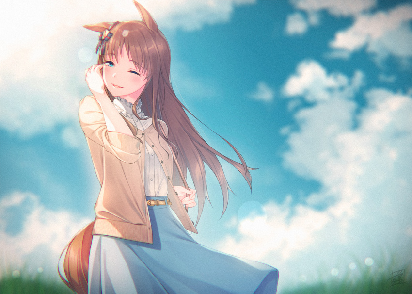 1girl ;o animal_ears bag blue_eyes blue_skirt blue_sky blush brown_cardigan brown_hair cardigan casual clouds contemporary cowboy_shot day ear_ribbon eyebrows_visible_through_hair frilled_shirt_collar frills grass_wonder_(umamusume) hair_ribbon handbag horse_ears horse_girl horse_tail kazushiki_midori long_hair long_skirt long_sleeves looking_at_viewer one_eye_closed outdoors ribbon shirt skirt sky smile solo standing tail umamusume