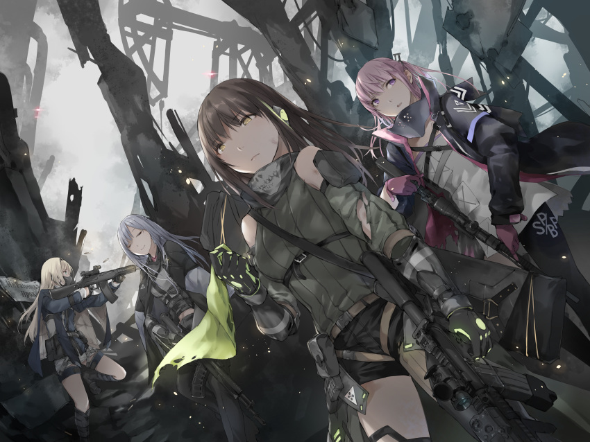 4girls absurdres ak-12 ak-12_(girls_frontline) an-94 an-94_(girls_frontline) ar-15 assault_rifle blonde_hair blue_eyes brown_hair casing_ejection closed_eyes defy_(girls_frontline) dutch_angle firing girls_frontline gloves gun highres holding holding_gun holding_weapon huge_filesize jacket m4_carbine m4a1_(girls_frontline) mask mask_around_neck mod3_(girls_frontline) multiple_girls pink_eyes pink_hair rifle ruins scarf shell_casing silver_hair st_ar-15_(girls_frontline) weapon yellow_eyes zen_juraku